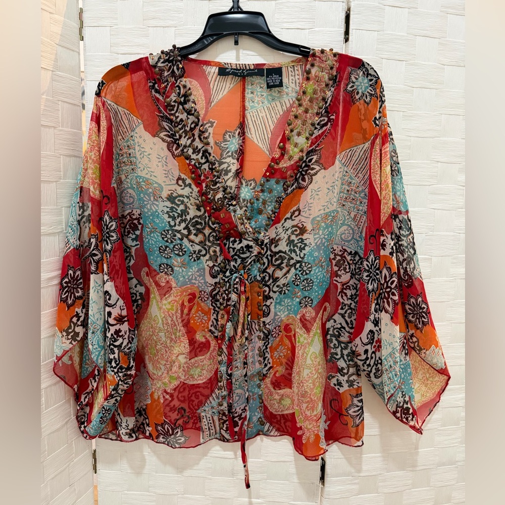 Speed Limit NYC Boho Paisley Beaded Sheer Tie Front Blouse Size L